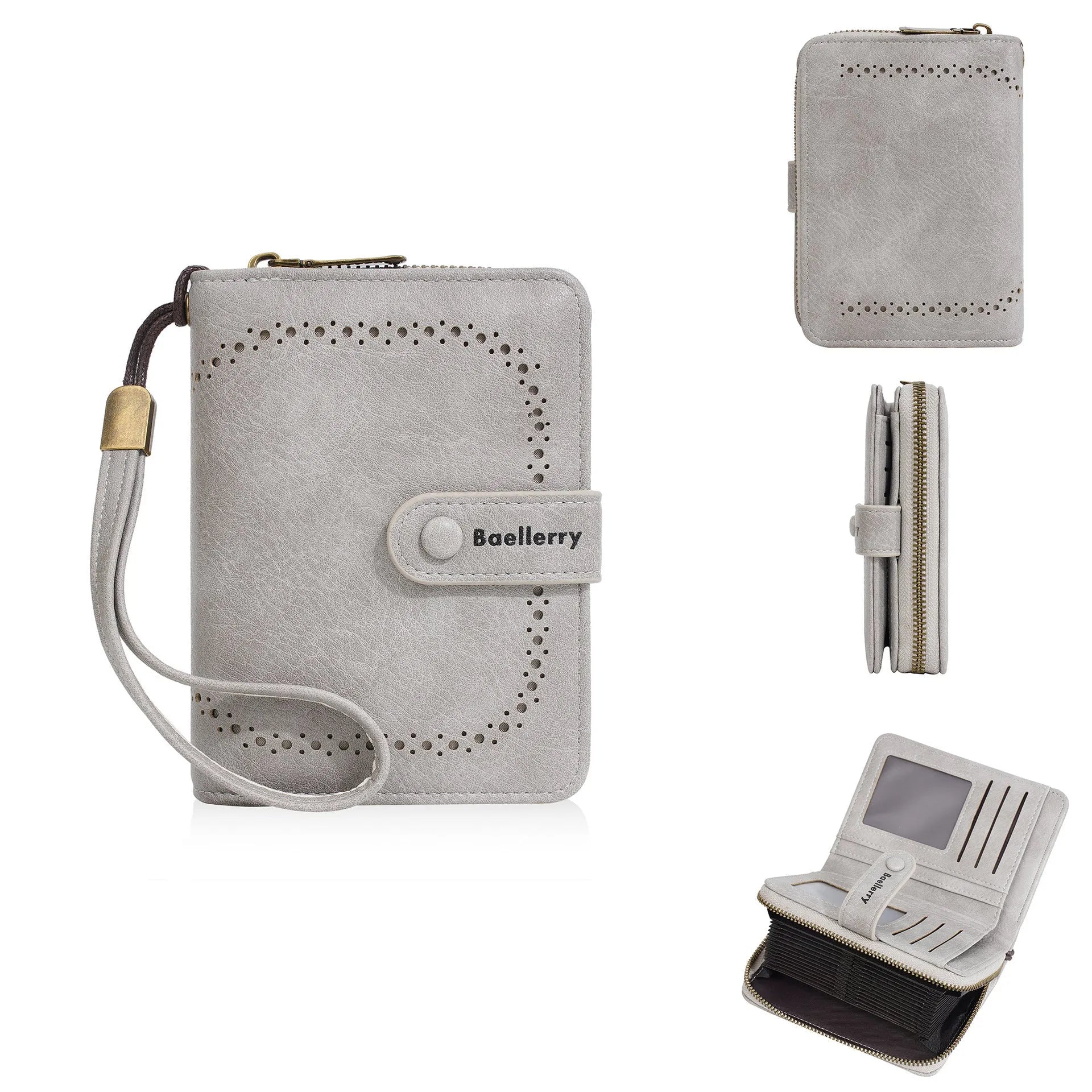 Women's black PU leather zip coin purse wallet with integrated card slots lying flat.