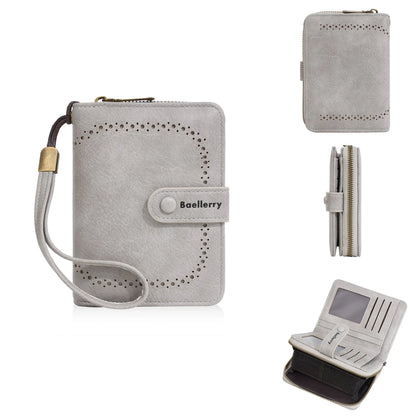 Women's black PU leather zip coin purse wallet with integrated card slots lying flat.