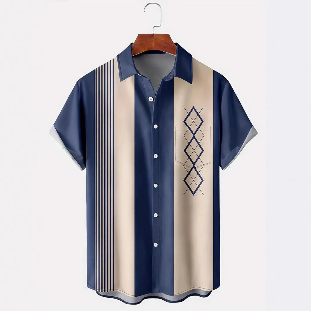 Men's plaid short-sleeve shirt with contrast lapel, shown in a loose cardigan style.