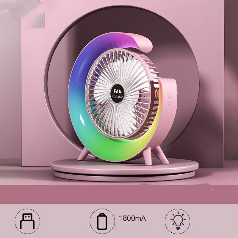 Bright Night Light Charging Fan with USB port in grass green, sky blue, and pink