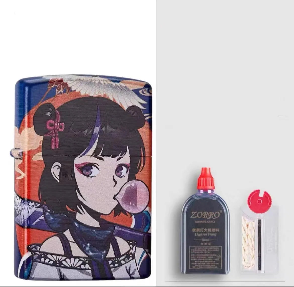 Windproof kerosene lighter with grinding wheel, pure copper case, shown with artistic design options.