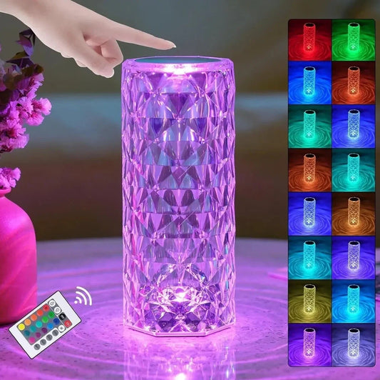 Compact 6.22in LED crystal rose table lamp in pink hue with touch base and USB cable
