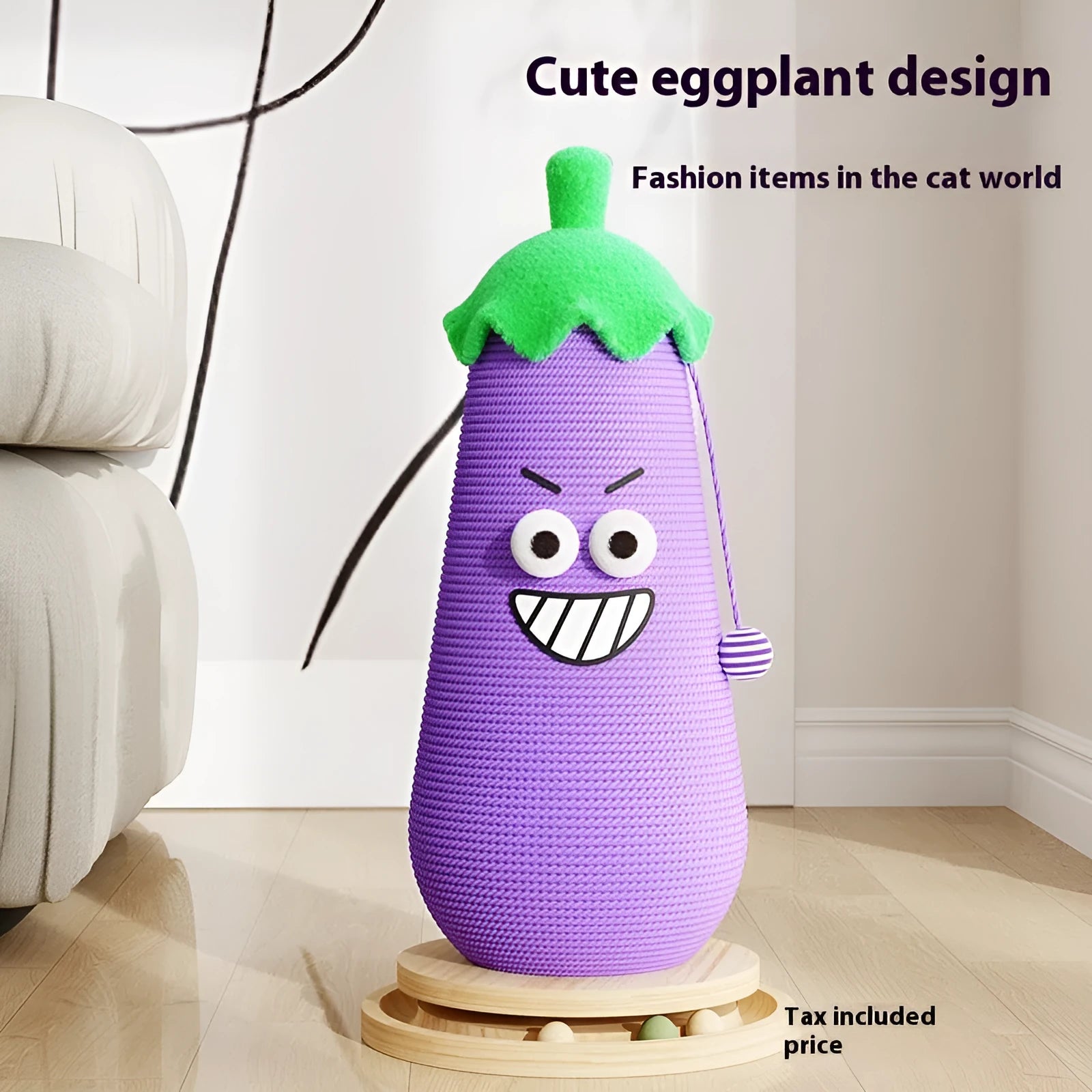 Wooden cat scratch board toy with blue and purple hip hop eggplant print cloth bag wrapper