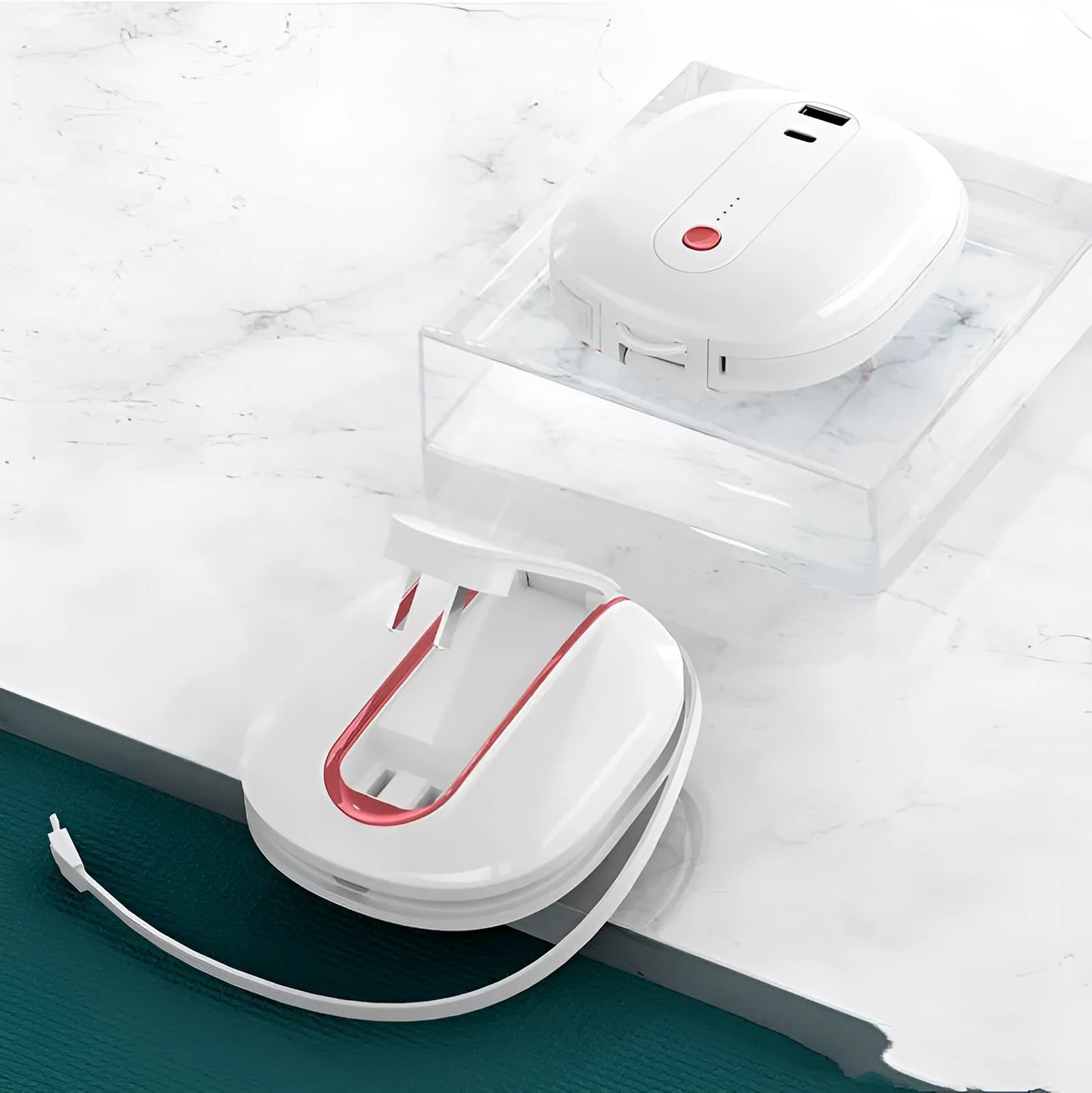 White two-in-one power bank with integrated plug showing 10000mAh capacity