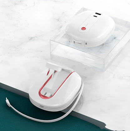 White two-in-one power bank with integrated plug showing 10000mAh capacity