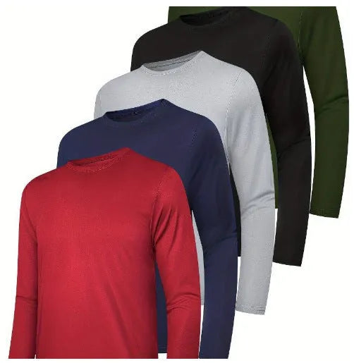 Four coordinated men's hoodies in lightweight elastic polyester fabric showing hooded and non-hooded style options