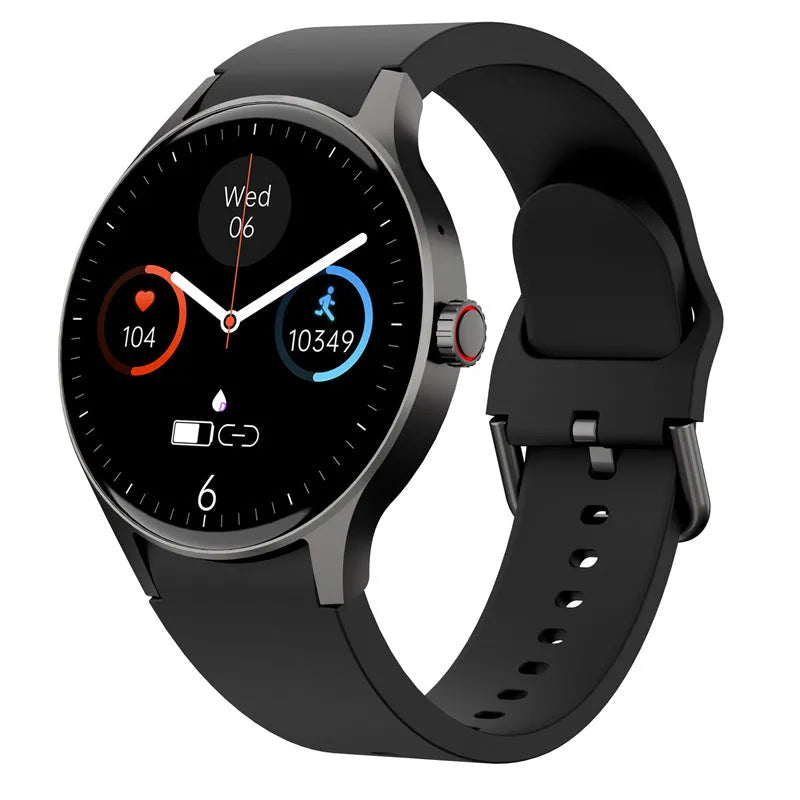46mm smart Bluetooth sport watch with round colour touchscreen on wrist, shown in black, blue, pink, or red.