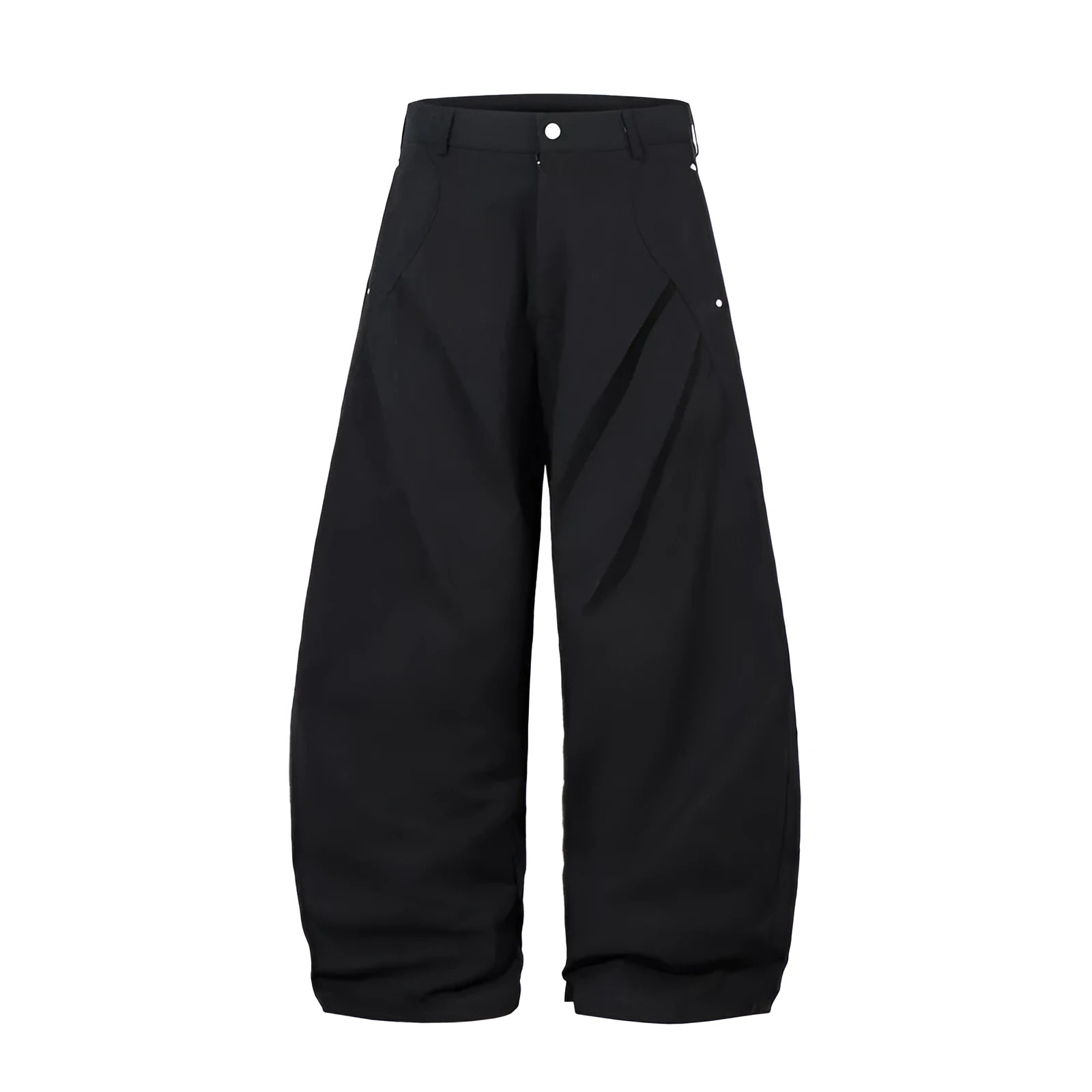 Men's black cotton pleated casual trousers with a loose-fitting wide-leg silhouette.