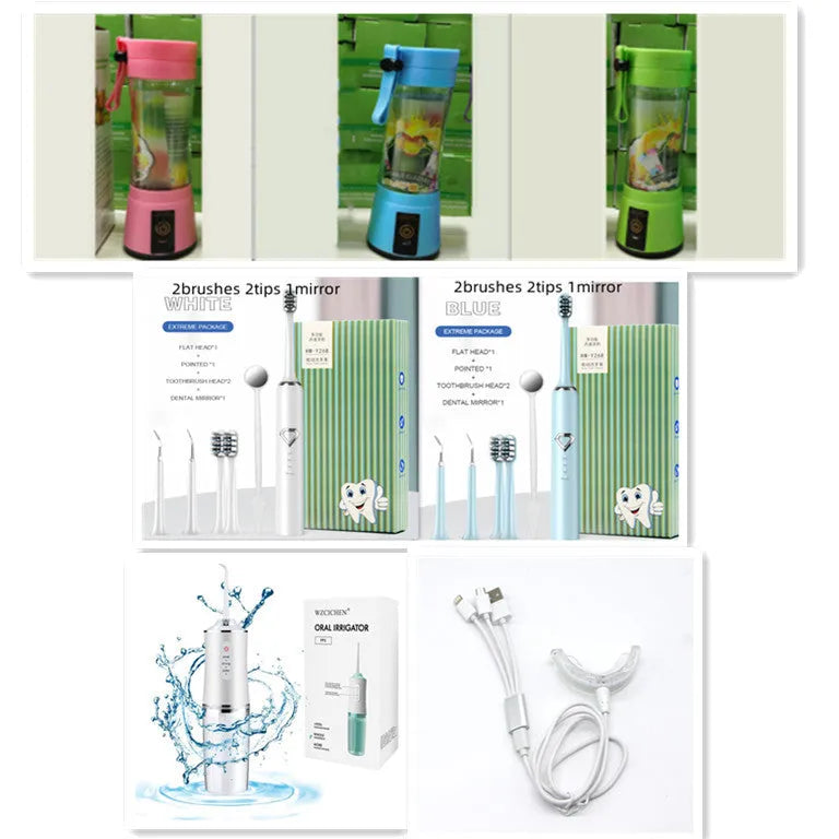 Portable USB blender with six blades in pink colour option showing cup and charging cable