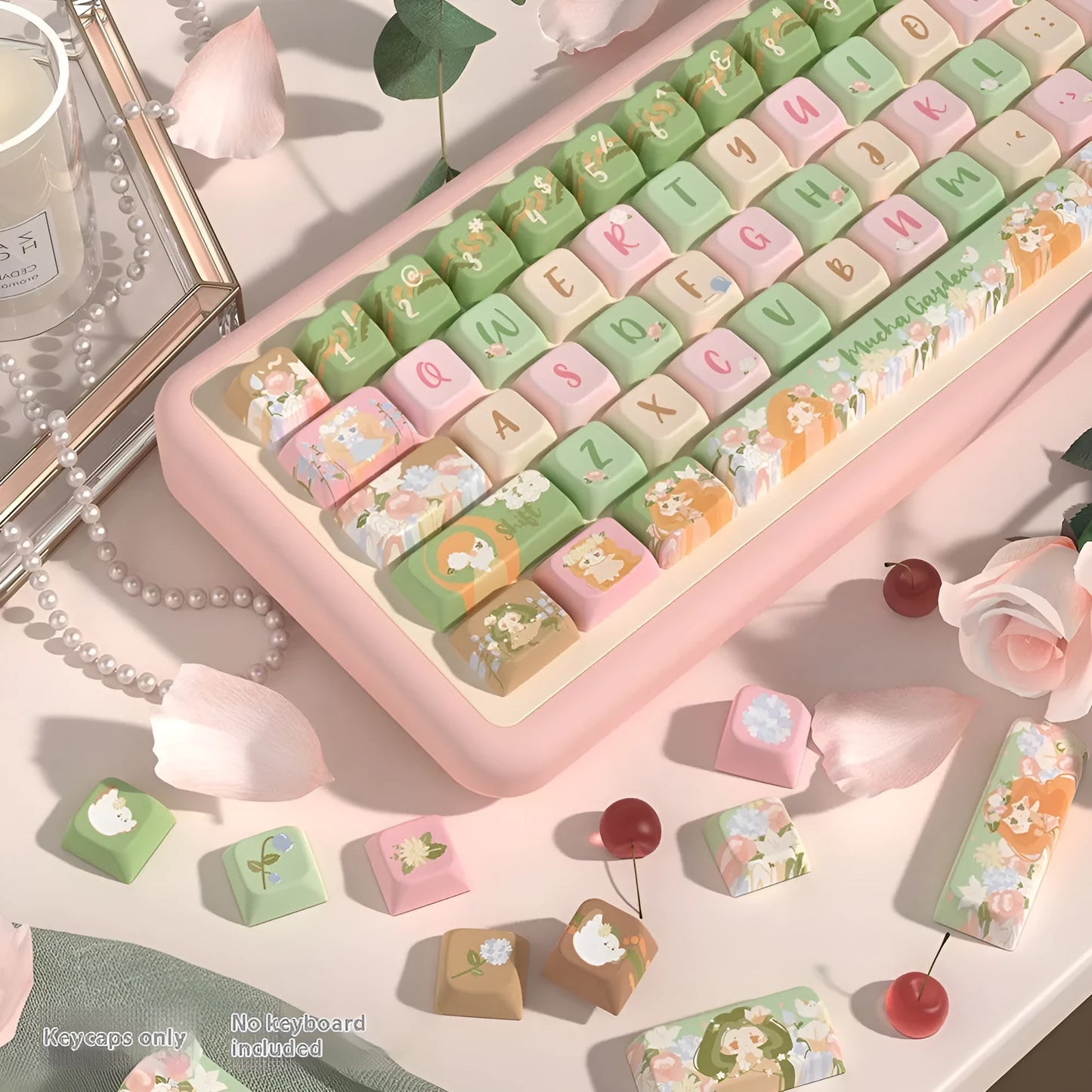Mu Xia Garden Summer Garden design keycap set for mechanical keyboards, shown in full 138 or 158 key layout.