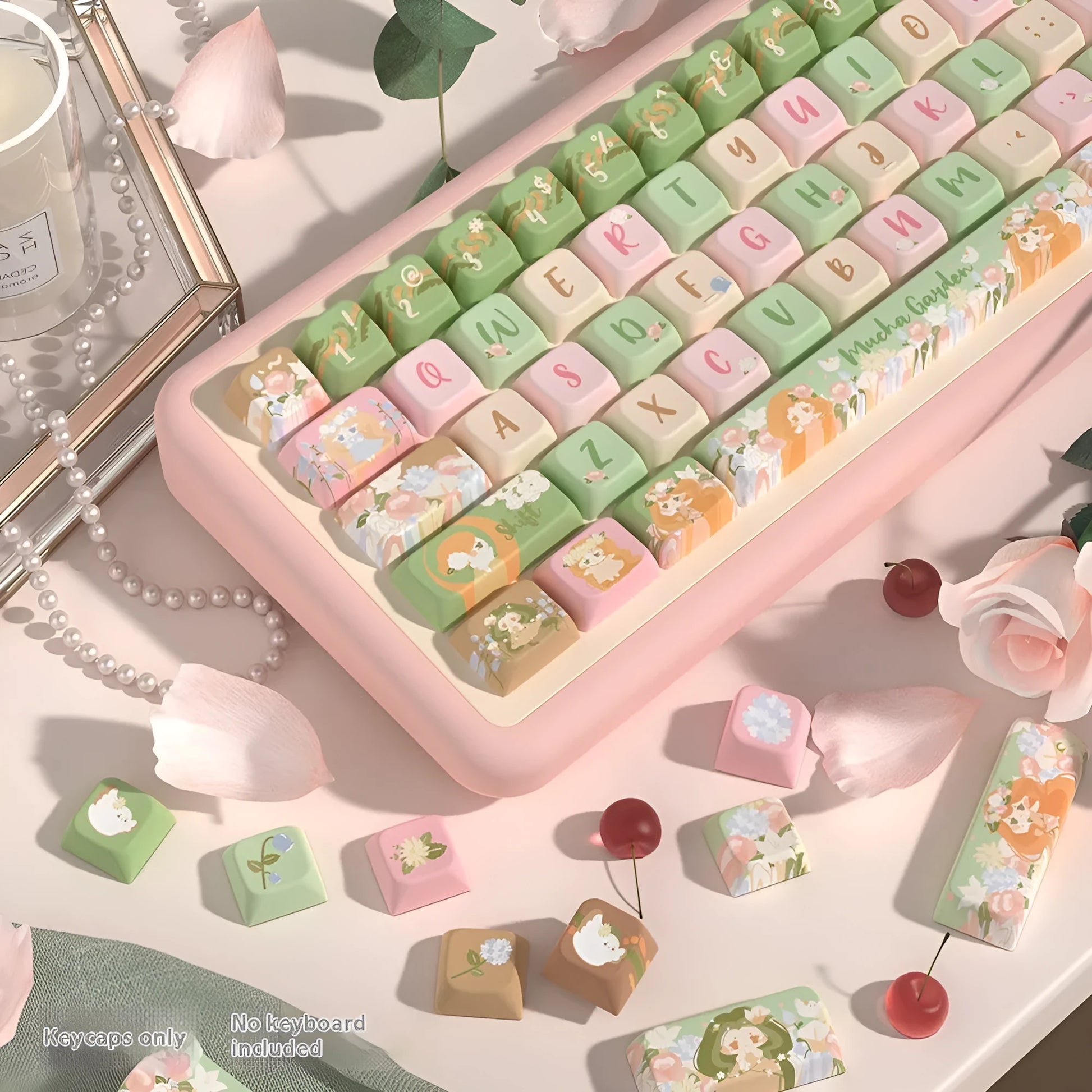 Mu Xia Garden Summer Garden design keycap set for mechanical keyboards, shown in full 138 or 158 key layout.