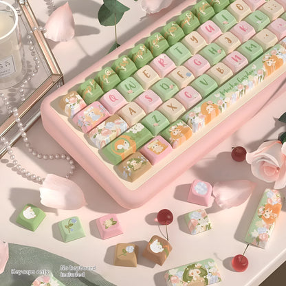 Mu Xia Garden Summer Garden design keycap set for mechanical keyboards, shown in full 138 or 158 key layout.