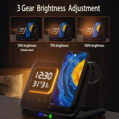 Black wireless charging station showing phone, watch and headphones charging, with digital clock display.