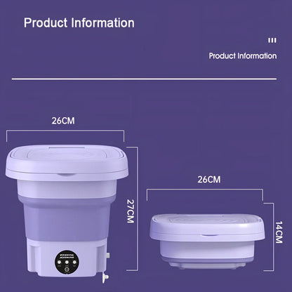 Green folding washing machine measuring 26x26x27cm with USB power cable and mechanical dial controls