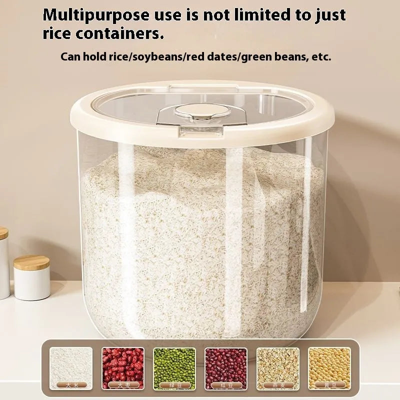 Clear plastic grain storage tank with sealed lid and included rice measuring cup