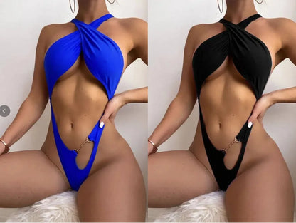 Women's solid colour one-piece swimsuit in black or blue polyester fabric