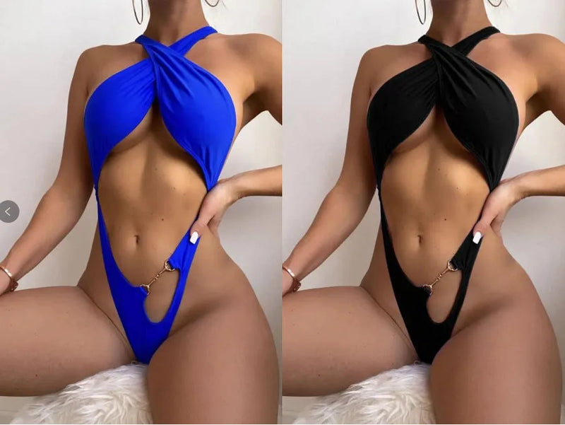 Women's one-piece swimsuit bikini in solid colour polyester fabric with spandex lining, available in black or blue colours in adult female sizes S, M, and L for swimming, beachwear, and water activities.