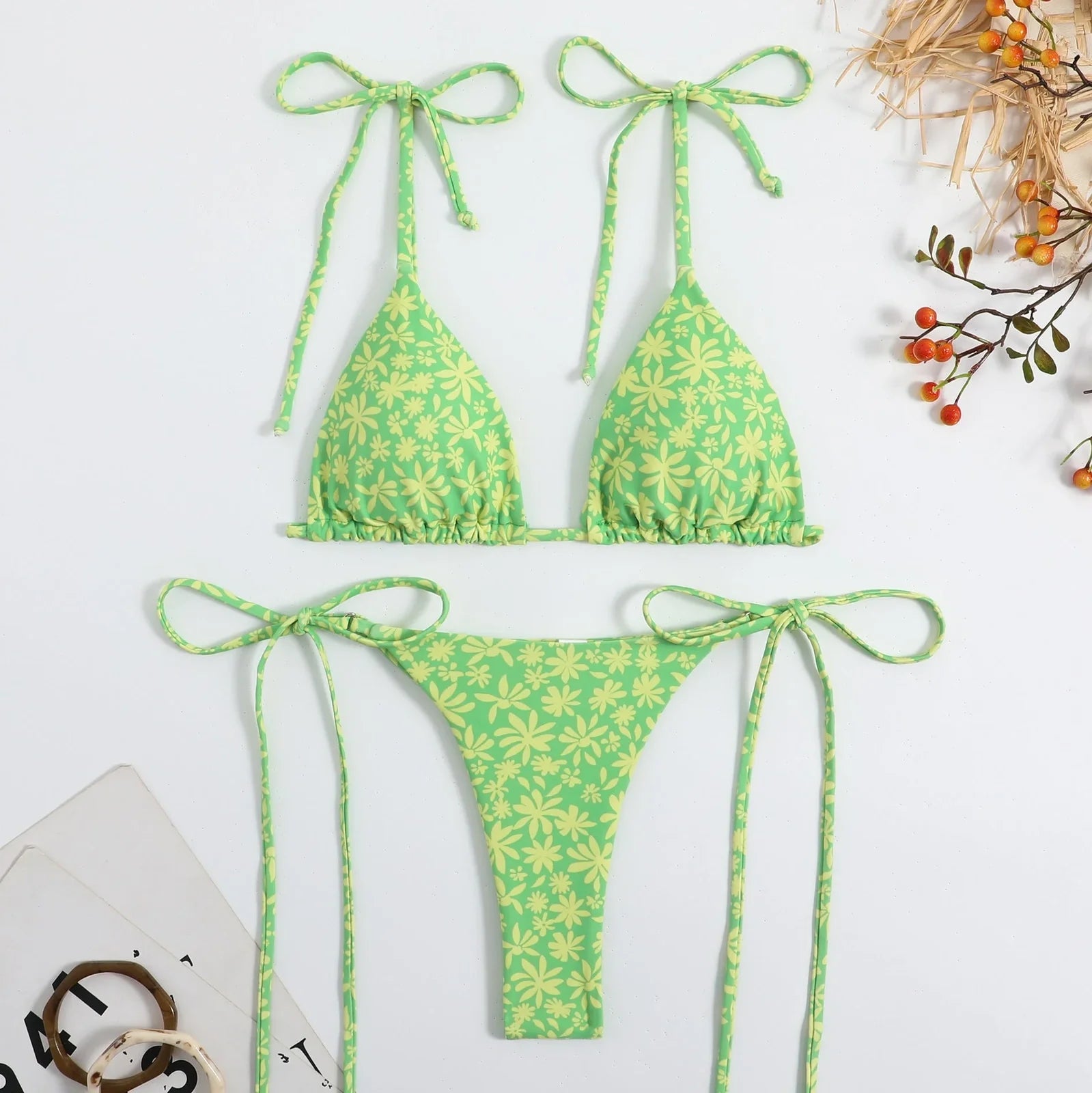Yellow floral split bikini set for women, high elastic backless design in S-M-L sizes with polyester lining