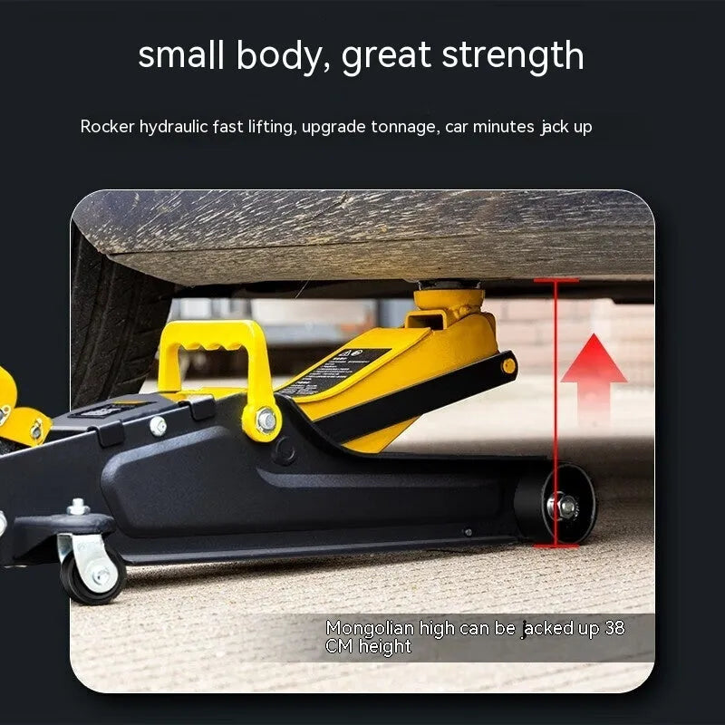 Horizontal hydraulic trolley jack for car tyre changes with low profile design and handle