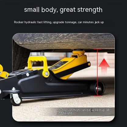 Horizontal hydraulic trolley jack for car tyre changes with low profile design and handle