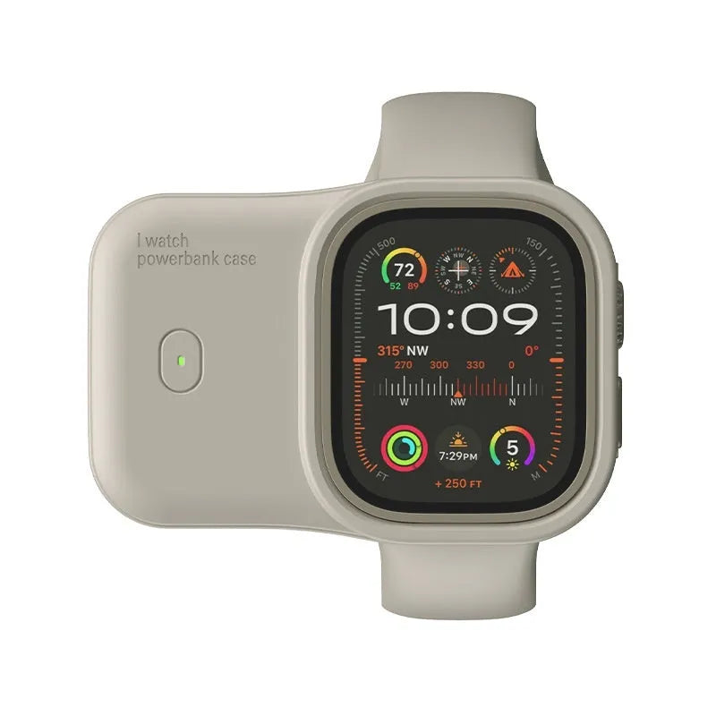 Apple Watch Ultra portable wireless power bank charging case in brown, midnight blue, or starlight.