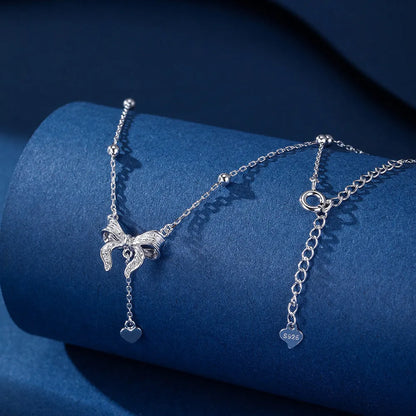 S925 sterling silver adjustable necklace with butterfly and heart pendant on O-ring chain