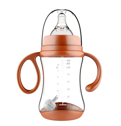 Blue PP baby feeding bottle with curved handles, 240mL capacity, wide calibre, transparent BPA-free design for easy cleaning
