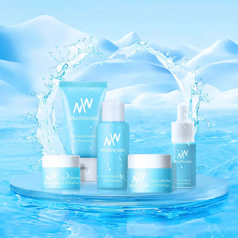 Travel skincare set containing five-piece moisturising cleansing tonic lotion cream eye lotion pack with 131.5g net content in convenient travel-friendly packaging suitable for general skin types and universal use.