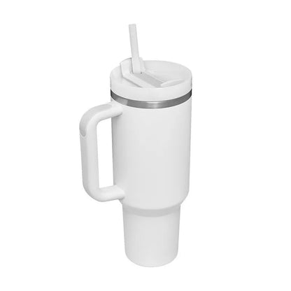 40oz stainless steel tumbler with handle and straw in various colour options showing tapered shape and spill-proof lid