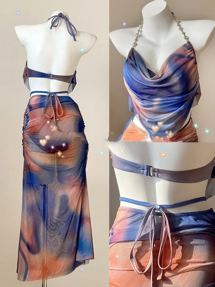 Women's blue printed triangle bikini set with skirt, showing steel support push-up top.