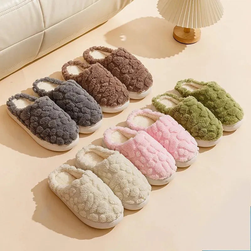 Unisex cartoon plush slippers with memory foam heels and anti-skid EVA soles in pink, green, beige, gray and brown