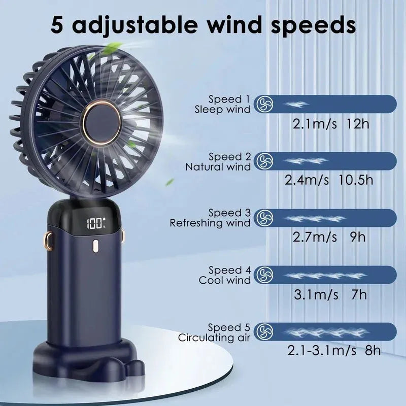 Blue foldable mini handheld electric fan showing its LED display and hanging lanyard.