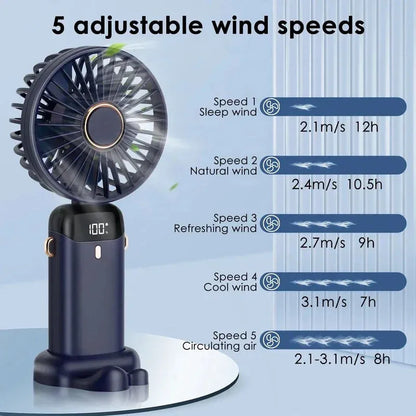 Blue foldable mini handheld electric fan showing its LED display and hanging lanyard.