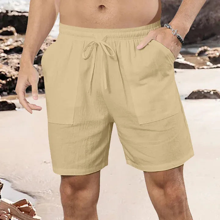 Men's light blue linen shorts with straight-leg cut on mannequin showing European sizing label