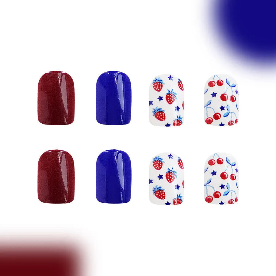 Short glossy red and blue strawberry cherry design press on nail stickers - 24 piece pack