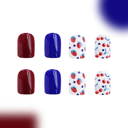 Short glossy red and blue strawberry cherry design press on nail stickers - 24 piece pack