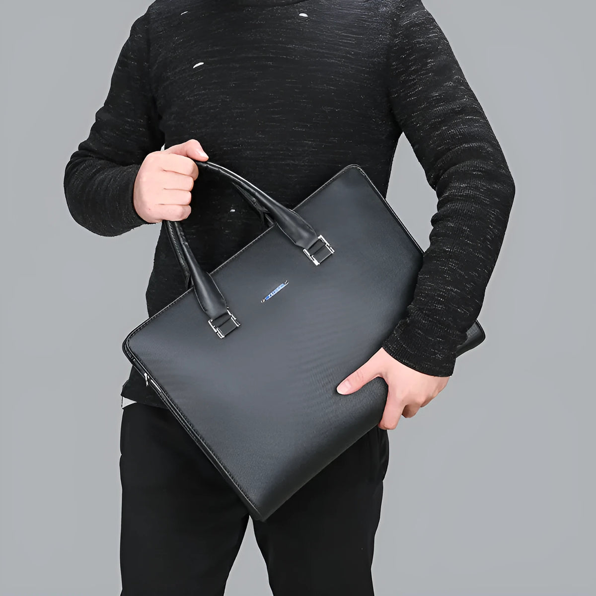 Men's one-shoulder PU leather business briefcase, large blue or black horizontal square zip handbag