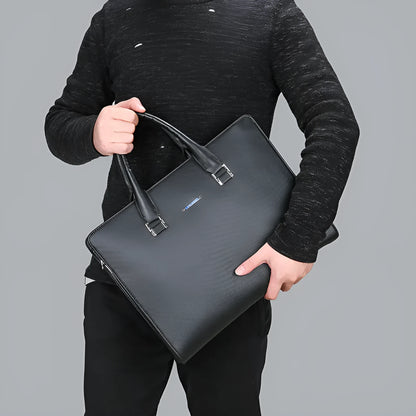 Men's one-shoulder PU leather business briefcase, large blue or black horizontal square zip handbag