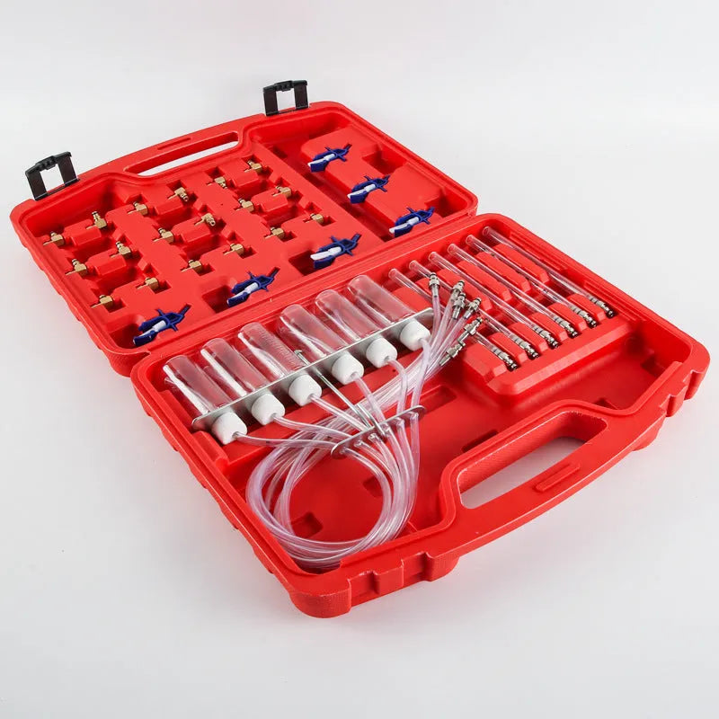Fuel injection flow meter car fault detector kit for measuring fuel injection nozzle oil return, constructed from brass and plastic, measuring 37.5cm by 27.5cm by 7.5cm, a tool for fuel system diagnosis and testing.