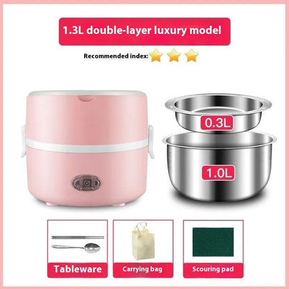 Portable plug-in insulated lunch box with stainless steel inner liner, shown in coffee and pink colour options.