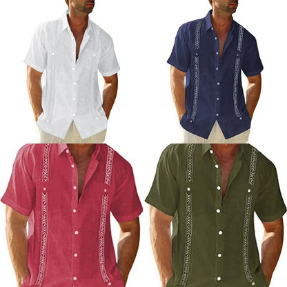 Men's short sleeve casual guayabera shirt in vibrant colors, featuring intricate pintuck pleating for a classic Cuban-inspired look