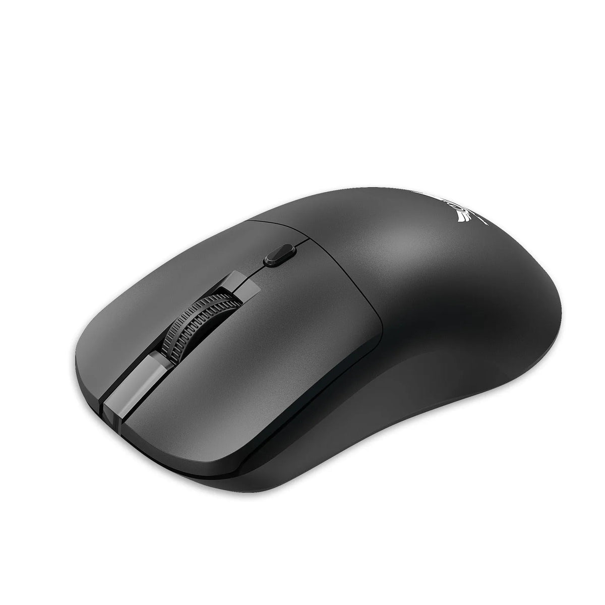 Black wireless computer mouse with three buttons and scroll wheel
