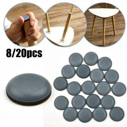 Blue grey 22mm adhesive slip pads attached to chair legs, preventing slides on hardwood floor, pack of 8