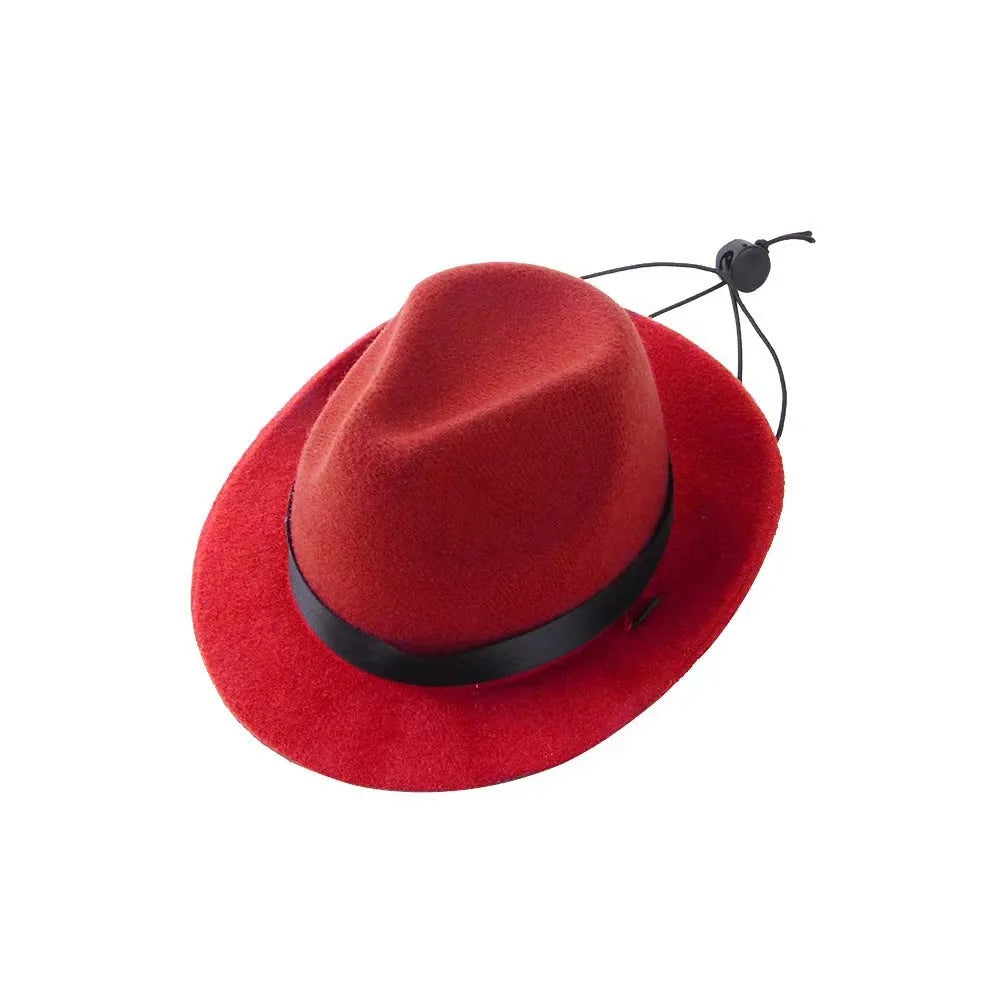 Hand-crafted wool felt mini pet hat in denim style with hairpin, shown in pink colour.