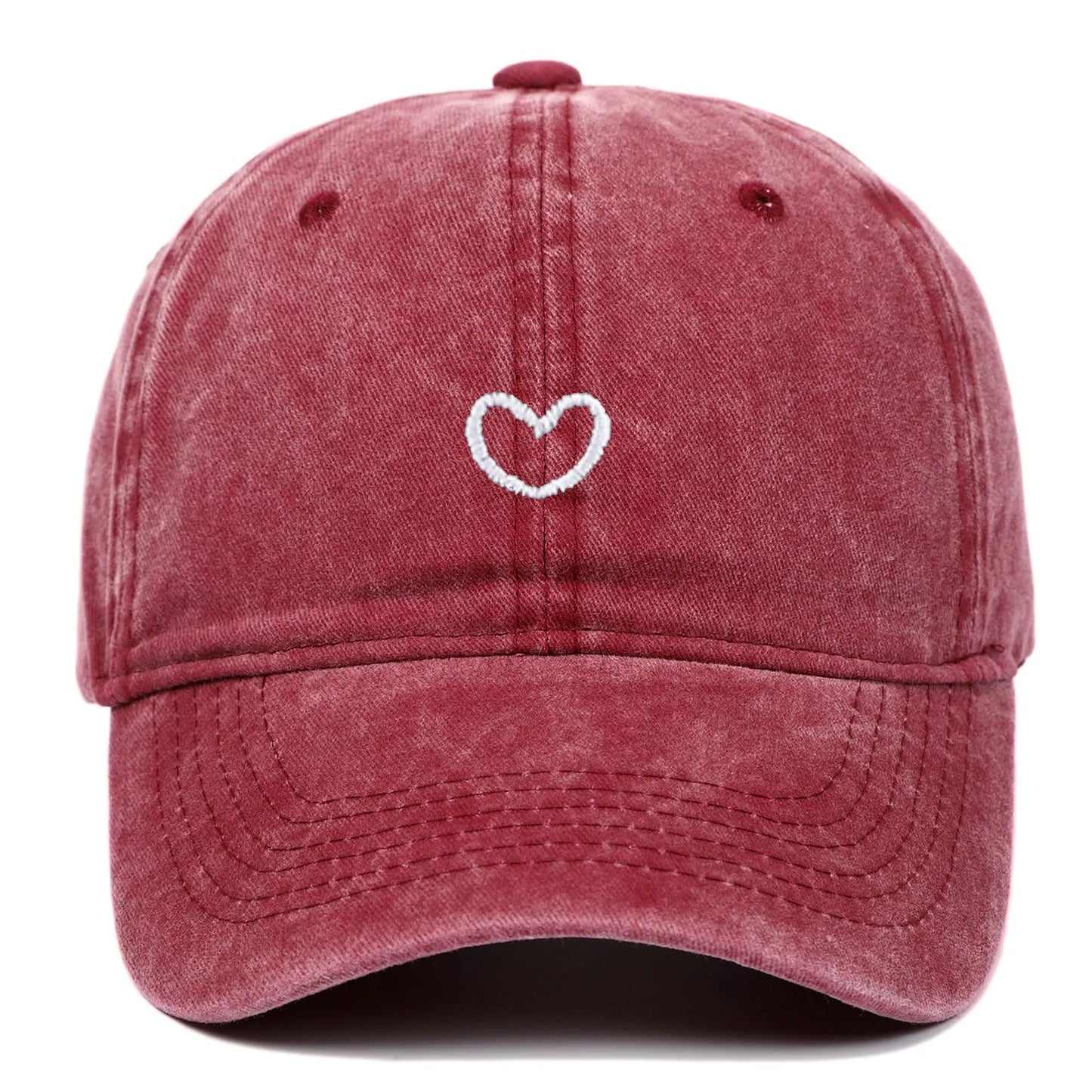 Retro-style baseball cap with colourful machine embroidery on a soft cotton dome crown, shown in a wine red colour.