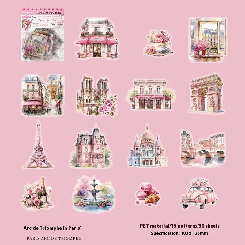Sheet of retro-style printed stickers showing architectural landmarks including Paris Arc de Triomphe and Bangkok Grand Palace.