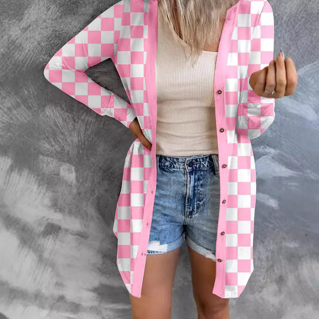 Women's long plaid knitted cardigan coat in polyester fabric with regular sleeves