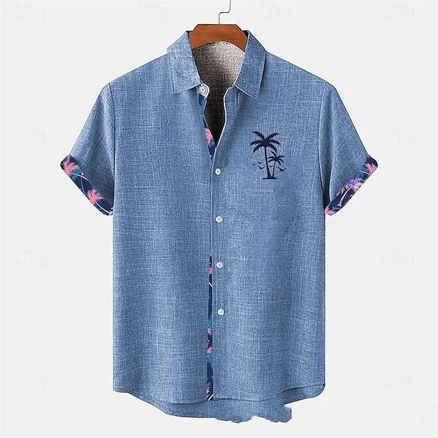 Linen short-sleeve shirt with ocean fish pattern on lapel, loose fit design, shown in one of 12 available colours