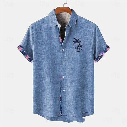 Linen short-sleeve shirt with ocean fish pattern on lapel, loose fit design, shown in one of 12 available colours