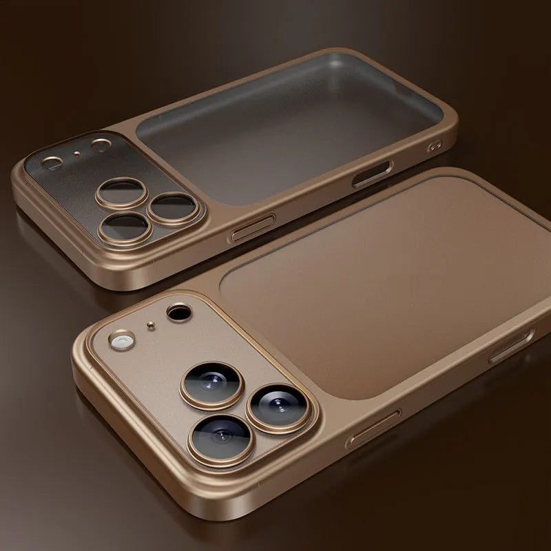 Frosted electroplating PC phone case for iPhone 17 in orange, showing all-inclusive drop-resistant design.